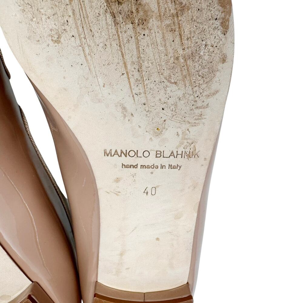 Manolo Blahnik Campariflat Nude Beige Tan Patent Pointed Toe Mary Jane Flats 40 - Picture 7 of 8